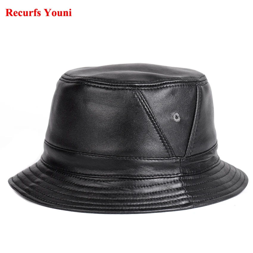 NEW RY995 Man Real Leather Fitted Flat Bucket Hats Male Outdoor Potted Short Brim Black/Brown Hip Pop Gorras Elderly Fishing Cap