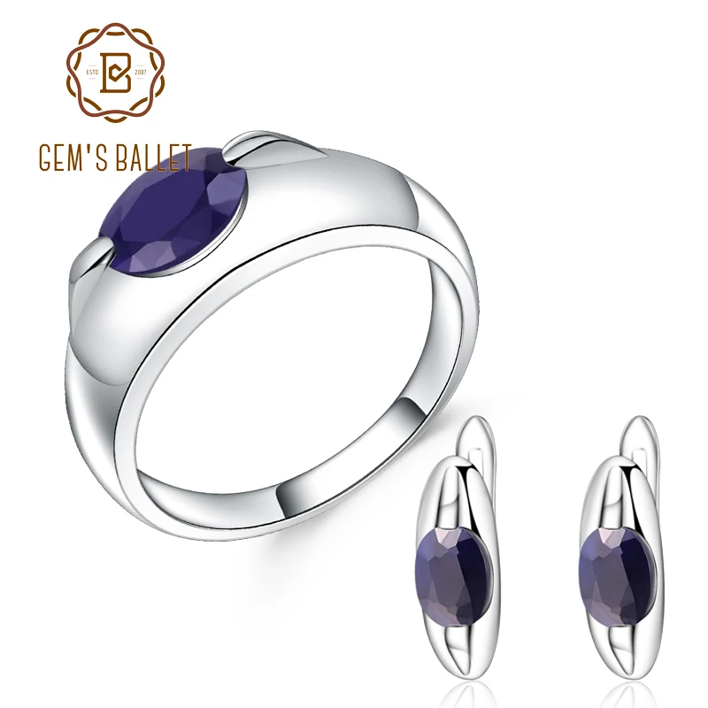 GEM'S BALLET 925 Sterling Silver Classic Gemstone Jewelry Sets Natural Blue Sapphire Ring Earrings Set For Women Mother Gift