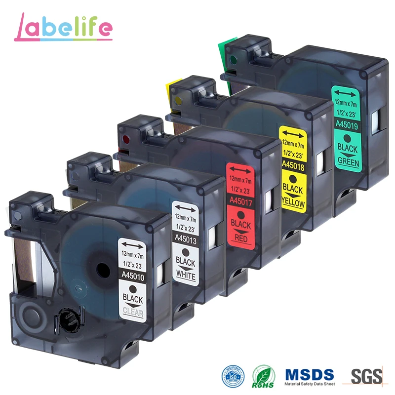 Labelife 5 Pack Combo Set Compatible DYMO  D1 Label Tapes Replacement cassette 45010 45013 45017 45018 45019 for Label Printer