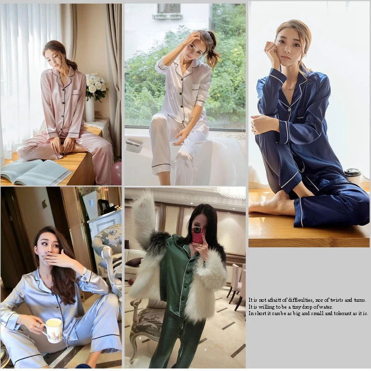 Womens Silk Satin Pajamas Pyjamas Set Long Sleeve Sleepwear Pijama Pajamas Suit Female Sleep Two Piece Set Loungewear Plus Size