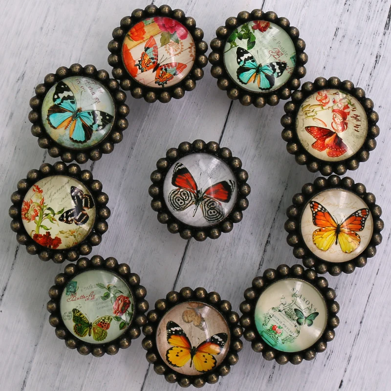 

1x Butterflies Decorated Drawer Cupboard Cabinet Drawer knobs Handmade Vintage Bronze Dresser Knobs furniture pull