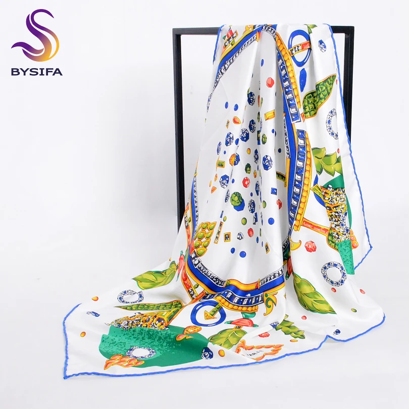 [BYSIFA] Ladies Leaves Diamond Pattern Fashion Brand Design Women Ladies Silk Scarf Shawl 90*90cm Brand Twill Square Scarves