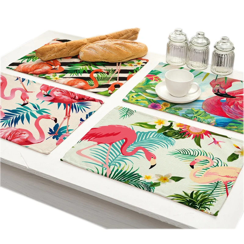 The Painting Tropic Plant Flower Bird Flamingo Cotton Linen Placemats Cloth Coaster Kitchen Accessories Decoration table pat