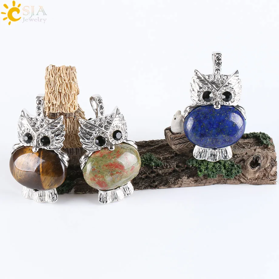 CSJA Natural Stone Cute Owl Animal Pendants for Necklaces White Crystal Pink Quartz Opal Lapis Lazuli Beads Reiki Jewellery E284