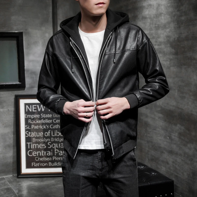 Hooded Leather Jacket Mens Black Winter Jackets Mens Bomber Leather Jacket Mens Veste Moto Homme Casaca De Cuero Hombre Cortas