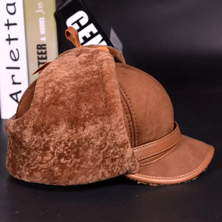 RY981 Luxury Winter Man Real Leather Full Wool Goat Fur One Bomber Hats Male Fleece Warm Caps Brown/Dark Blue Motocycle Bonnet