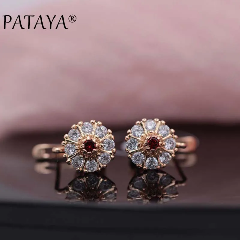 PATAYA New Lotus Drop Earrings 585 Rose Gold Color Natural Zircon Earrings Women White Wedding Jewelry Bridal Blue Drop Earrings