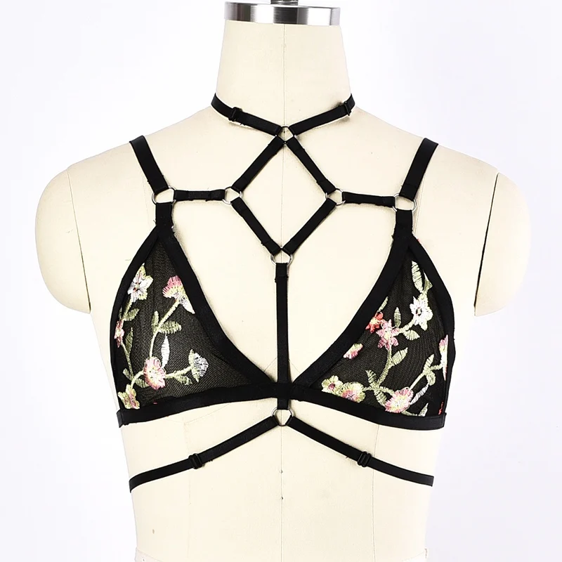 

BODY HARNESS Sexy Black Harness Bra Women Lingerie Lace Embroidery Floral Strappy Unpadded Bra Wirefree Top Bondage Bralette