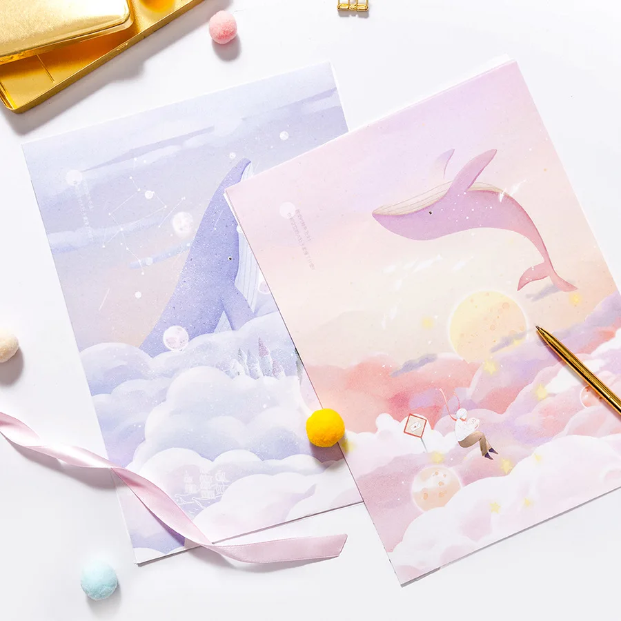 3 Envelopes+6 Letter Papers Dream Whale Paper Envelope Set Cute Forest Writing Paper Greeting Card Stationary Kids Festival Gift