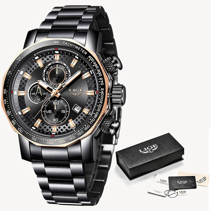 Relogio Masculino LIGE Neue Sport Chronograph Herren Uhren Top Brand Luxus Voller Stahl Quarz Uhr Wasserdichte Große Zifferblatt Uhr Männer