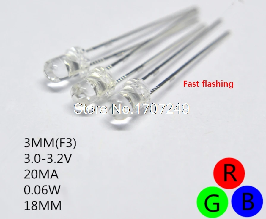 

1000pcs 3mm RGB Fast Flashing Led 3 mm Tricolor Round Water Clear 20mA DC 3V LED Light Emitting Diode Multicolor Flicker