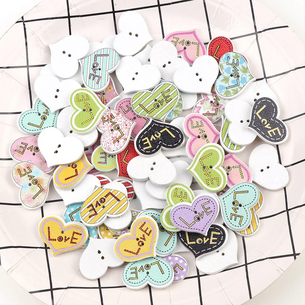 50PC 20x25mm Mixed Color 2 Holes Decorative Buttons Love Heart Shape Cartoon Animals Wood Buttons Sewing Scrapbooking