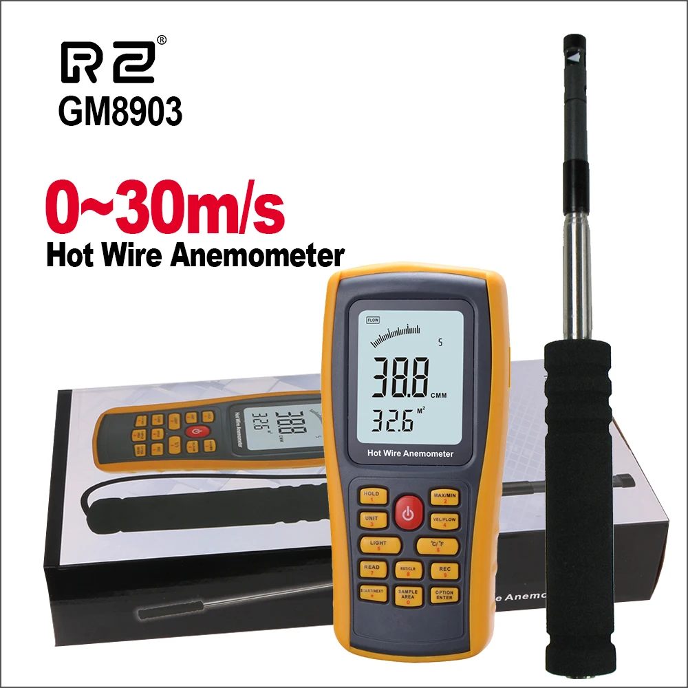 

RZ Digital Anemometer Thermometer Anemometer Wind Speed Meter Sensor 0~30ms Temperature USB Interface Measuring Tool GM8903