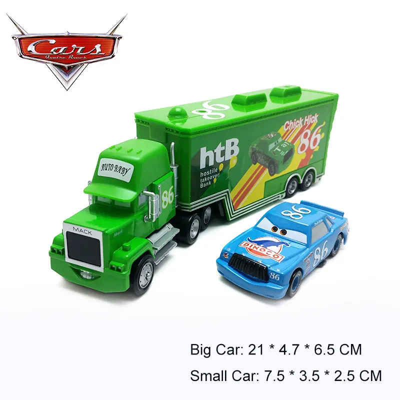 1:55 Disney Cars 2 Chick Hick And HTB DINOCO No. 86 Car Model Hostile Takeover Bank Mack Truck Combination For Children Toys