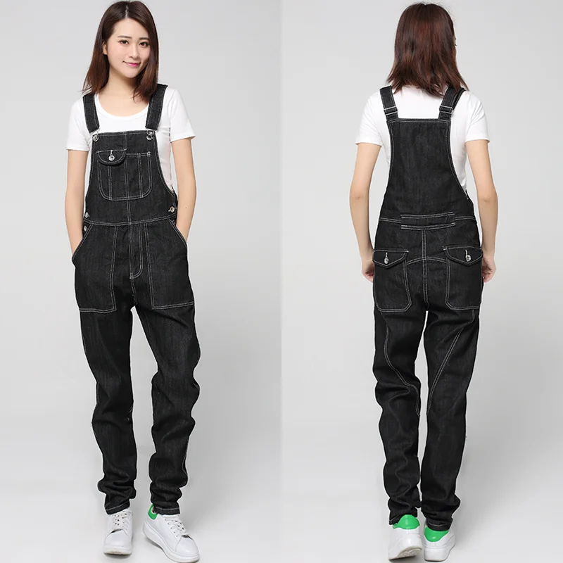 Free Shipping 2023 New Fashion Denim Bib Pants Loose Plus Size S-5XL Black Suspenders Trousers For Tall Women European Style