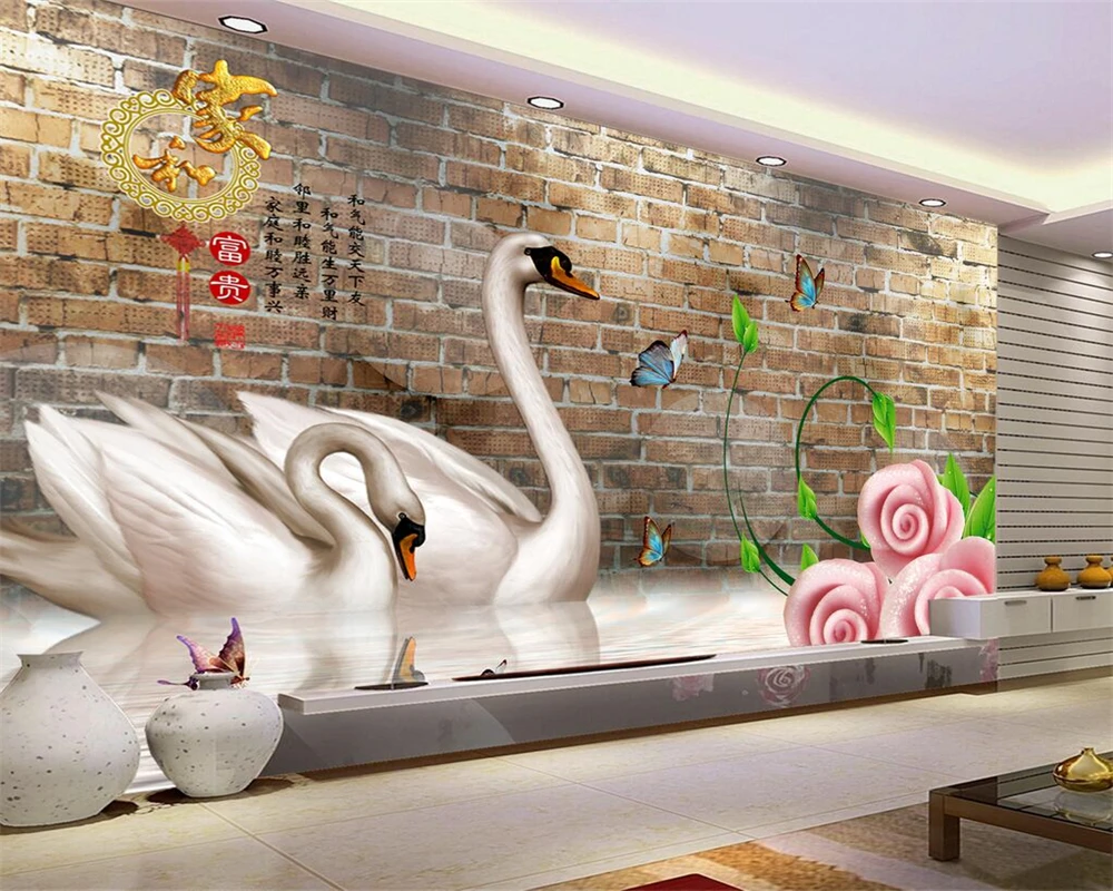 

customized Photo wallpaper brick wall swan rose jade carving living room TV wall decoration painting wallpaper for walls 3 d