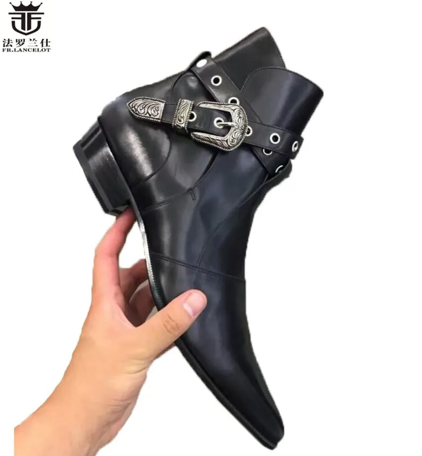 FR.LANCELOT 2020 buckle men boots genuine leather black Pointed Toe luxury fashion classic party shoe formal ankle boots men