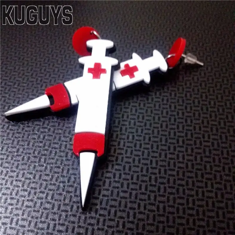 KUGUYS Acrylic Nurse Syringe Long Drop Earrings for Women Hyperbole Injector Jewelry Cosplay Accessories