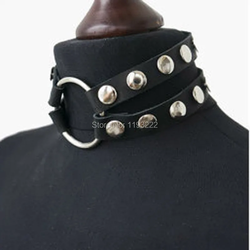 Harajuku Punk Rock Cosplay Handmade O Round Rivet Stud Double Row Leather Choker BDSM Collar Necklace