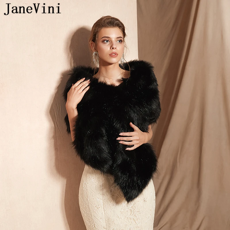 JaneVini Fashion Black Bridal Faux Fur Shawl Wedding Wrap Coat Warm Winter Short Women Formal Party Cape Cloak Bolero Fourrure