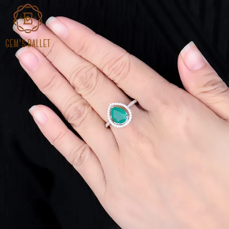 GEM'S BALLET 1.57Ct Natural Green Agate Gemstone Ring 925 Sterling Silver Vintage Water Drop Shape Rings for Women Fine Jewelry