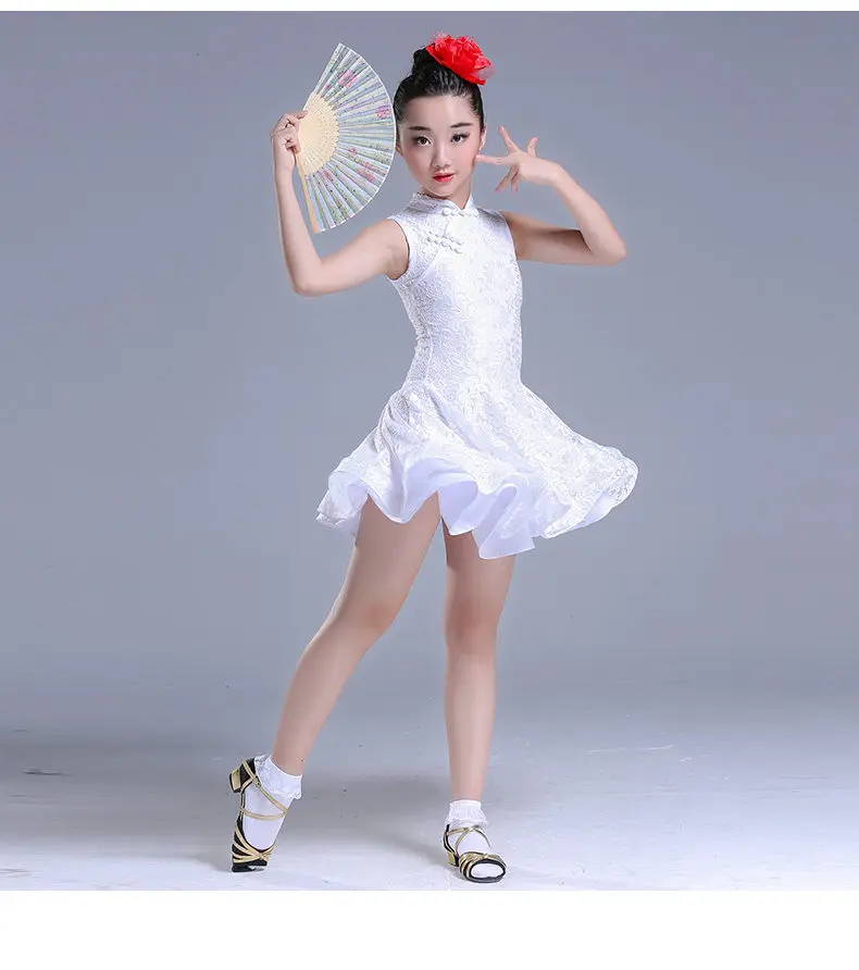 

Lace Kids Newest Sexy Ballroom Dresses Tango Salsa Latin Dance Dress Children Cheongsam collar Lace Dress For Girls Long Sleeve
