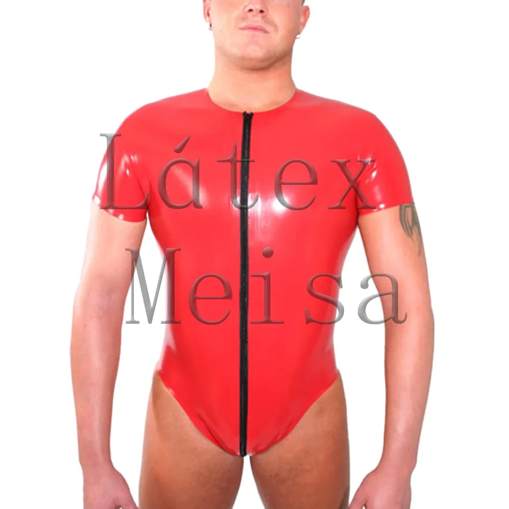 Latex catsuit short sleeve leotard with front zipper to back waist for male