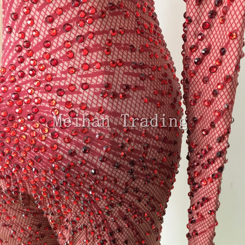 Fashion Sexy Red Crystals Bodysuit Nightclub Show RomperStage Dance Wear Rhinestones Jumpsuit Costume Female Singer Wear