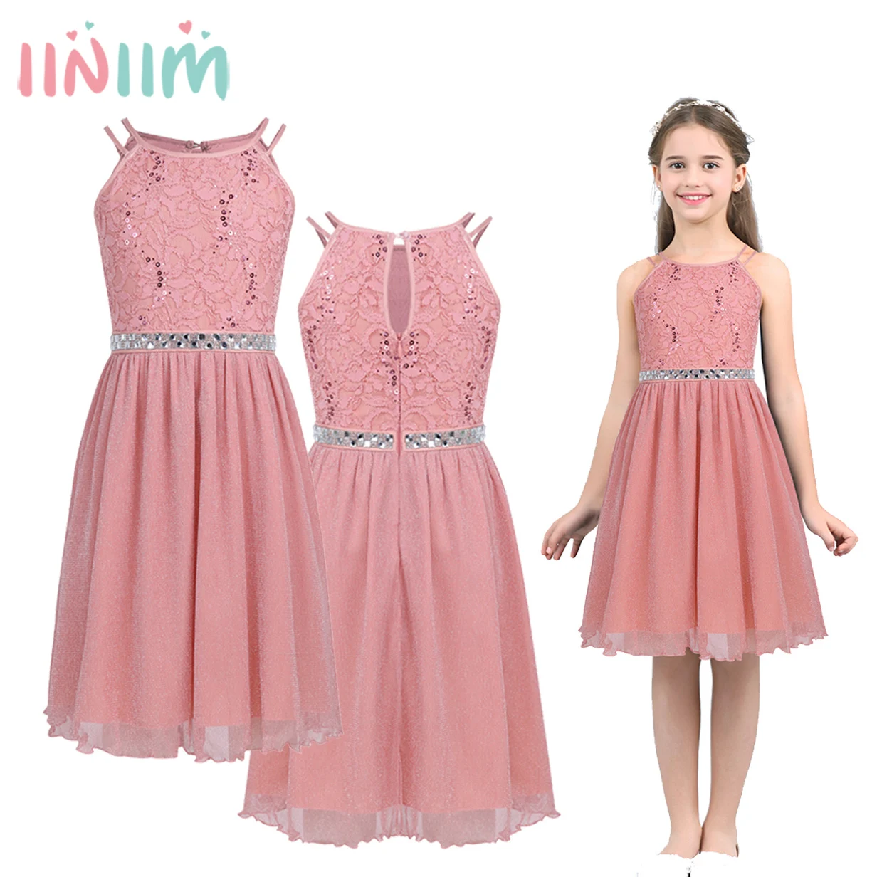 Iiniim-Vestido de encaje Floral sin mangas para niña adolescente, traje brillante con lentejuelas para boda, fiesta Formal de cumpleaños, Verano