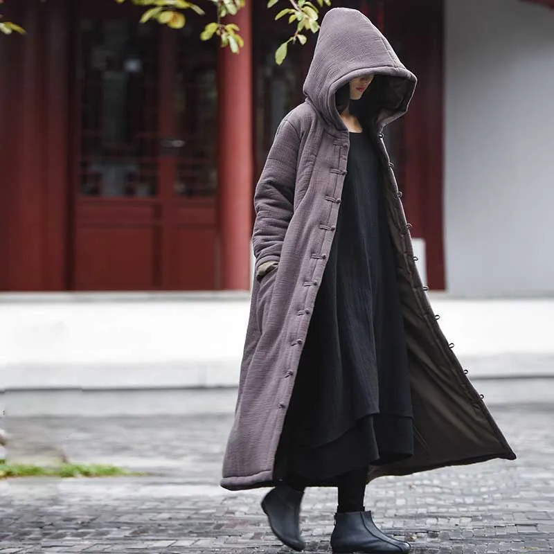 Quá khổ Dài Phụ Nữ Áo Khoác Mùa Đông Quần Áo Thời Trang Trung Quốc Phong Cách Cổ Điển Cape Poncho Cloak Mui Xe Linen Bông Loose Baggy Rãnh