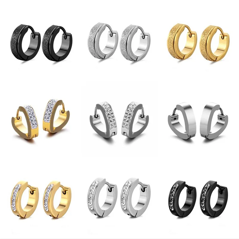 1Pair Punk Women and Men Different Style Stainless Steel Circle Hoop Earrings With Crystal CZ Simple Fashion Jewelry Hot selling