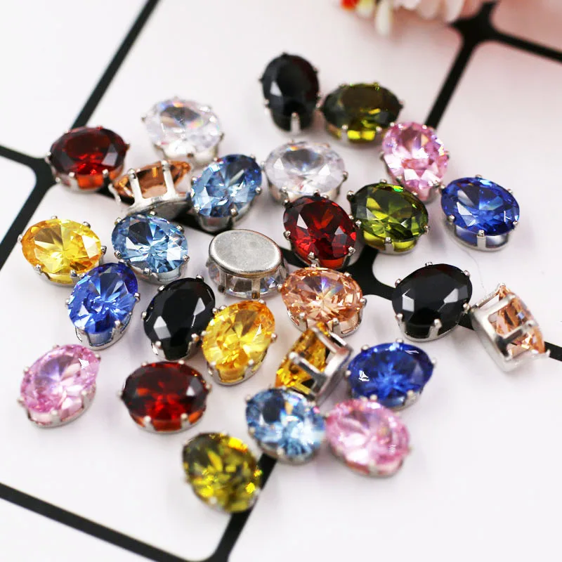 Jewelry Making 6X8mm Flatback Sliver Claw Setting Rhinestones Oval Shape Zircon Artificial Gemstone For Necklace/Earring/Nail