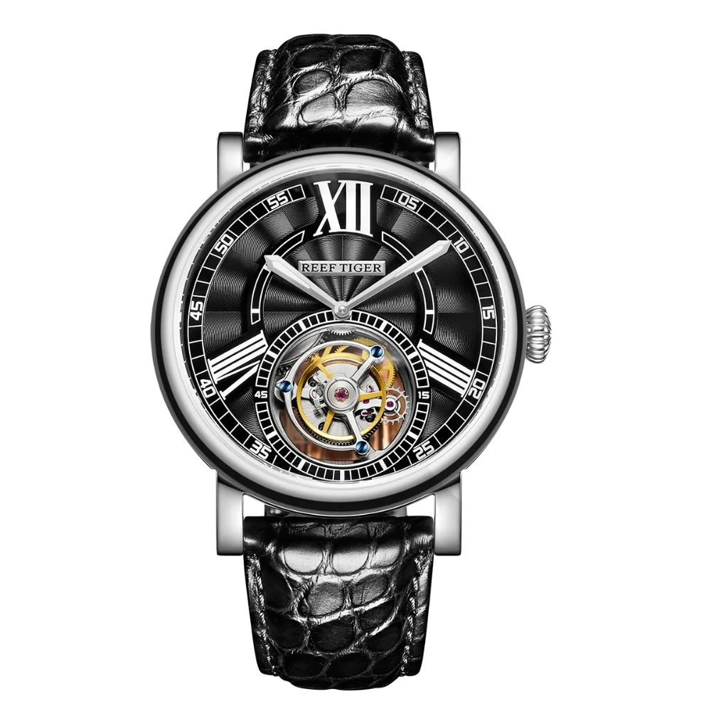 Reef Tiger Classic Serier RGA1999 Men Hollow-out Dial Dress Real Tourbillon Automatic Self-wind Mechanical Wrist Watch - Silver