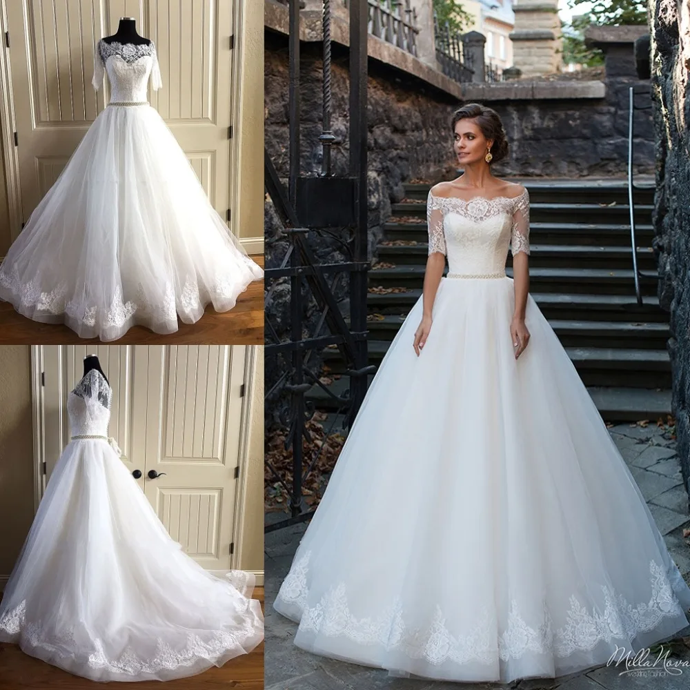 Ball Gown Designer Wedding Dresses 2019 vestido de noiva Long Train Half Sleeves robe de soiree Boat Neck Lace Up Back with Sash