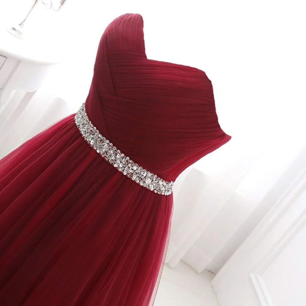 New Sweetheart Burgundy Long Evening Dresses 2021 Tulle Beaded Belt  Long Prom Party Gown Wedding Party GownsVestidos para festa