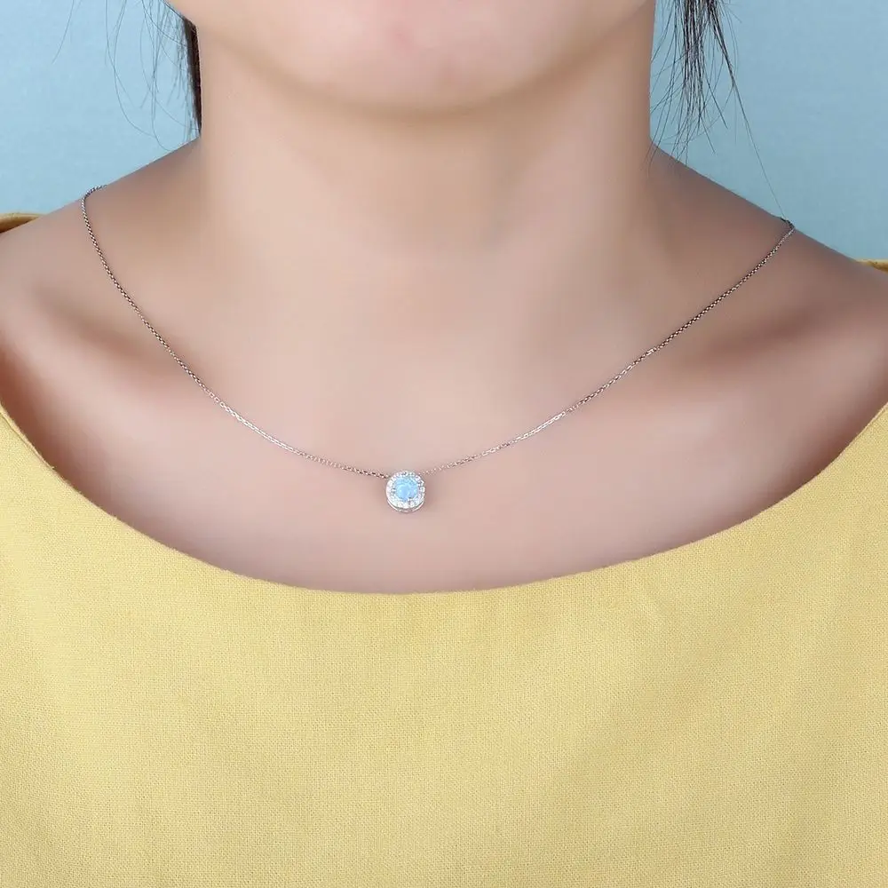 Women Pendants&Necklace  Round Blue Opal Stone Silver Color Jewelry Elegant Gift (JewelOra NE102694)