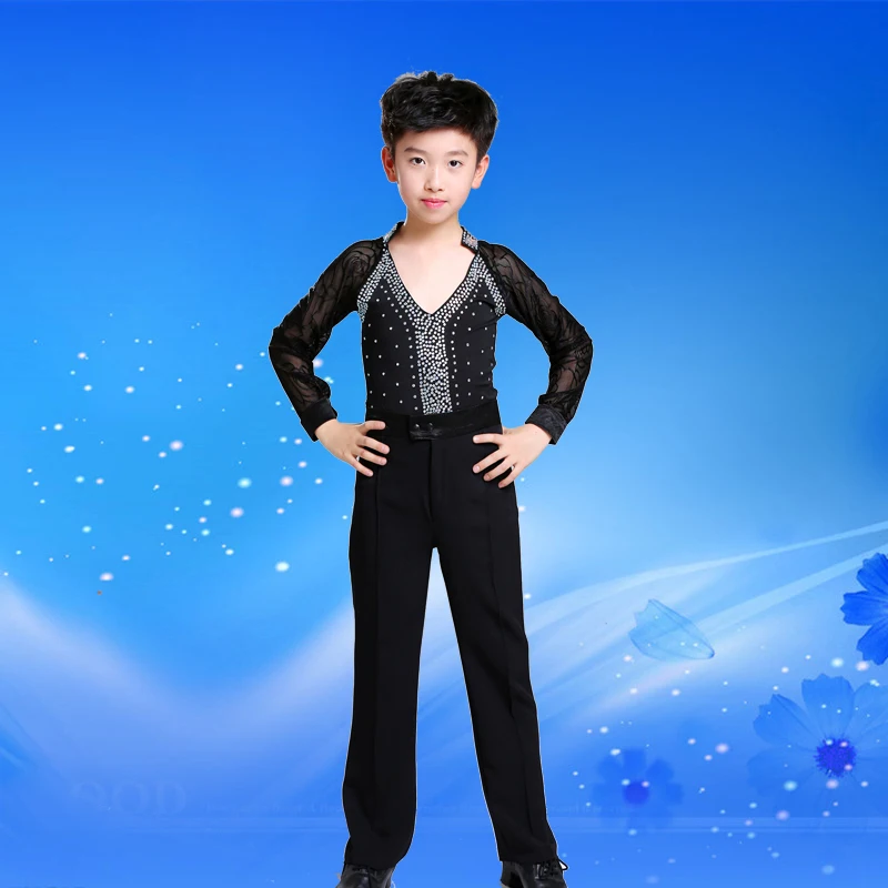New Hot Sale Boy Latin Dancewear Ruffly Blue White Black Ballroom Stage Modern Boys Latin Dance Costumes Clothes