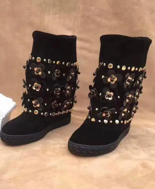 Black/Golden Flower Beading Flowers Hidden Wedge Suede Mid-Calf Boots Women Rivets Studs Inner Increase Heel Slip On Boots