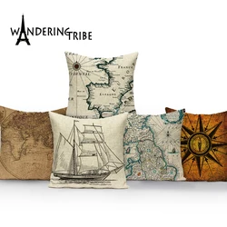 World Map Cushion Cover Europe Retro Ship Home Sofa Decor Pillow Cover Room Pillowcase Car Cushions Polyester Throw Pillow Case