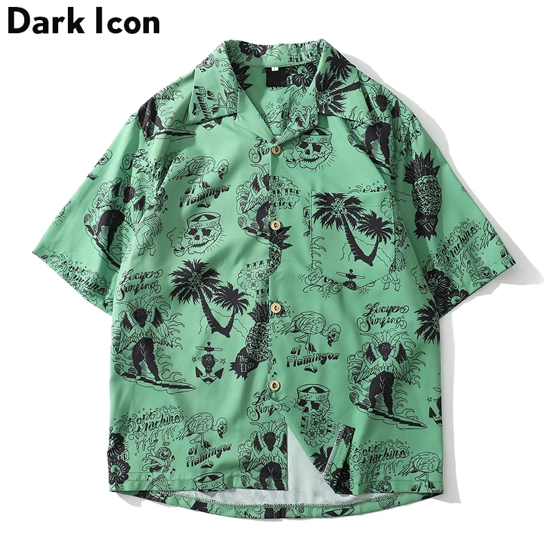 Dark Icon Skeleton Full Printed Retro Shirt Men 2024 Summer Street Men\'s Shirts Short Sleeved Shirts for Men Green White