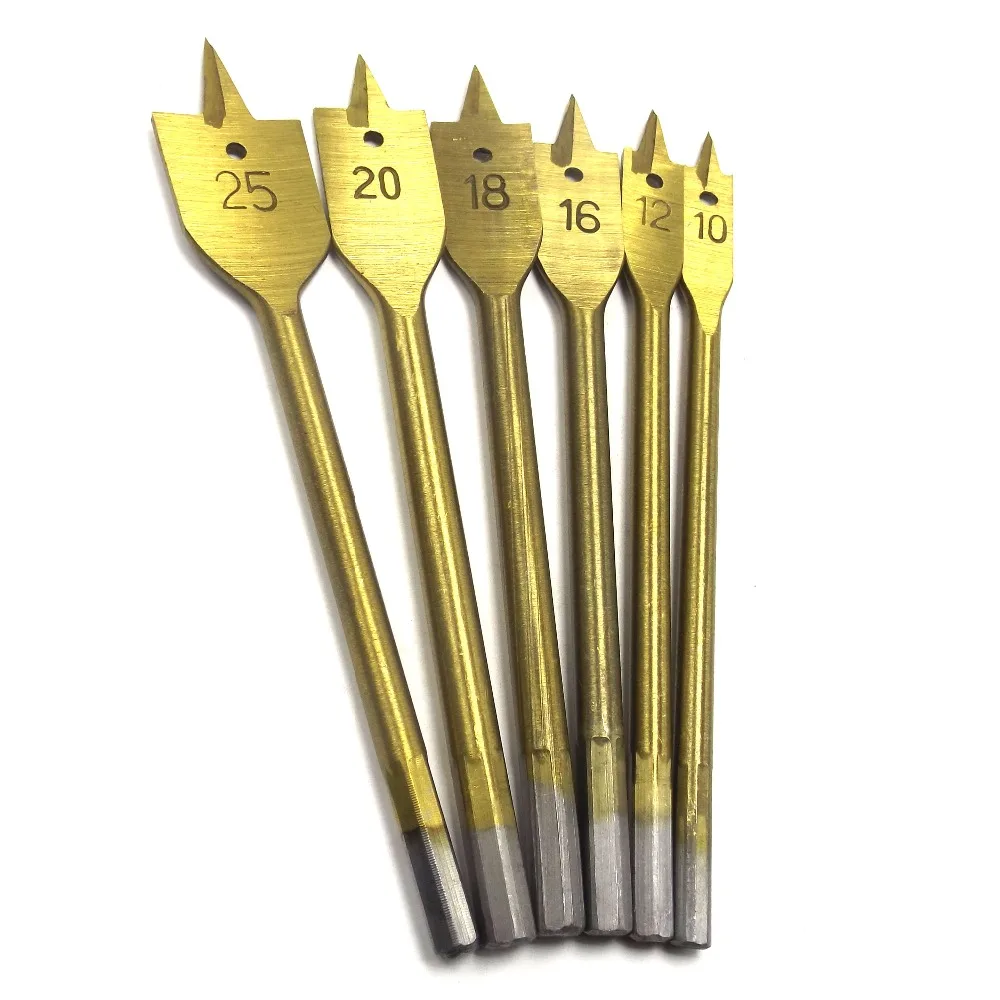 6pcs Set Titanium Coating Hex Shank Spade Bits Flat Boring Bit Wood Drill Bit Power Tools Hole Saw 10,12,16,18,20,25mm Drilling