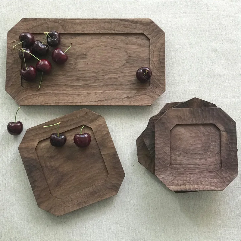 

Japan Style Hand Carved Black Walnut Tea Tray Eco Natural Entire Wood Fruits/Desserts Plate Cup Coasters Tableware