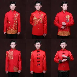 Chinese Red Wedding Bridegroom Jacket Man Tunic Tang Costume Chinese Traditional Dress Dragon Men Cheongsam Top Costume 90