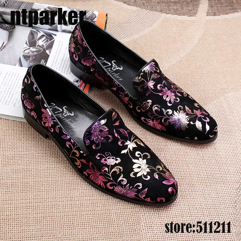 

ntparker summer men loafers slip on mens italian leather shoes mixed colors print flowers men's shoes flats Italian Style size12