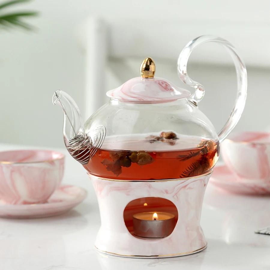 MUZITY Glass Teapot With Ceramic Base Creative Marble Design Tea Pot Tool Kettle Set With Strainer And Candle