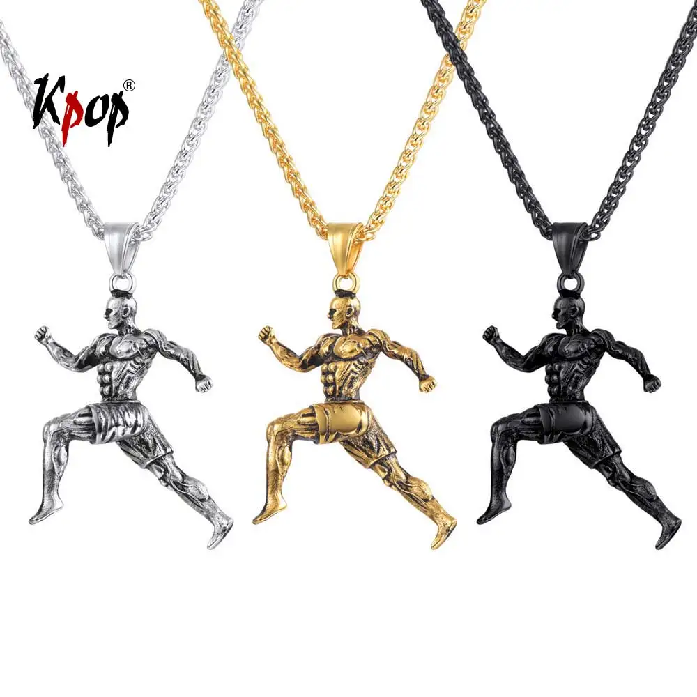 Kpop Running Muscle Man Pendant Necklace Stainless Steel Gold Color Gym Fitness Bodybuilder Sport Necklace for Men P3234