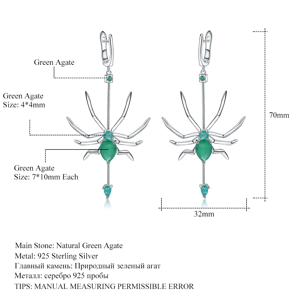 GEM'S BALLET-pendientes de plata de ley 925 con gema de ágata verde Natural para mujer, pendientes de gota de araña, joyería fina