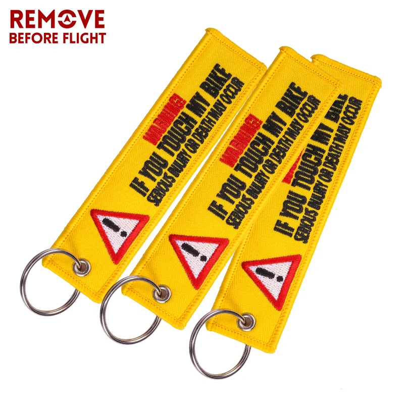 3PCS Remove Before Flight Warning Keychain Tag Keychains for Motorcycles and Cars Key Tag Embroidery Yelloew Danger Key Rings