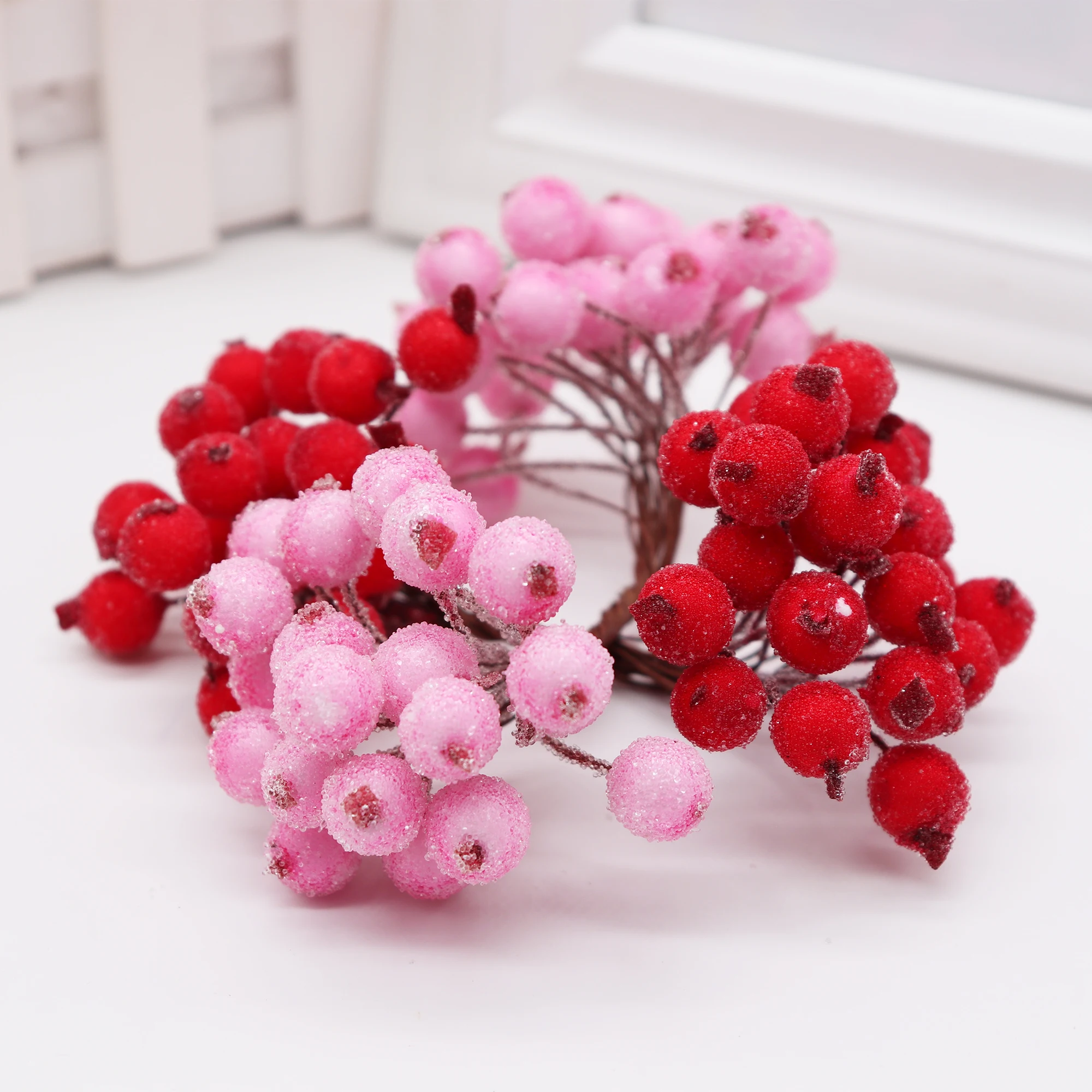 20pcs/40 Heads 1cm Mini Fake Fruit Small Double heads Berries Artificial Flower cherry Stamen Wedding Christmas Decorative