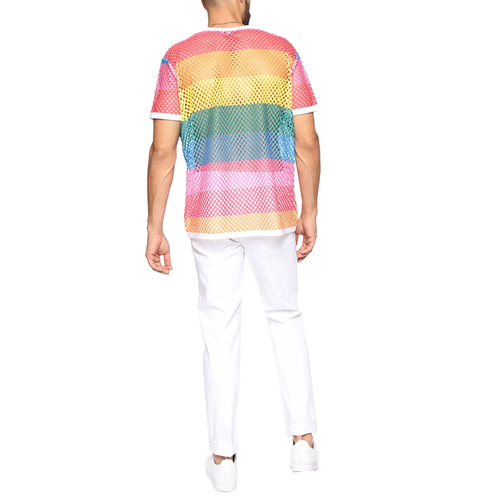 Męska Rainbow Mesh przepuszczalność kabaretki T Shirt 2021 Sexy z krótkim rękawem przezroczysty Tshirt Homme hiphopowy sweter koszulki 5XL